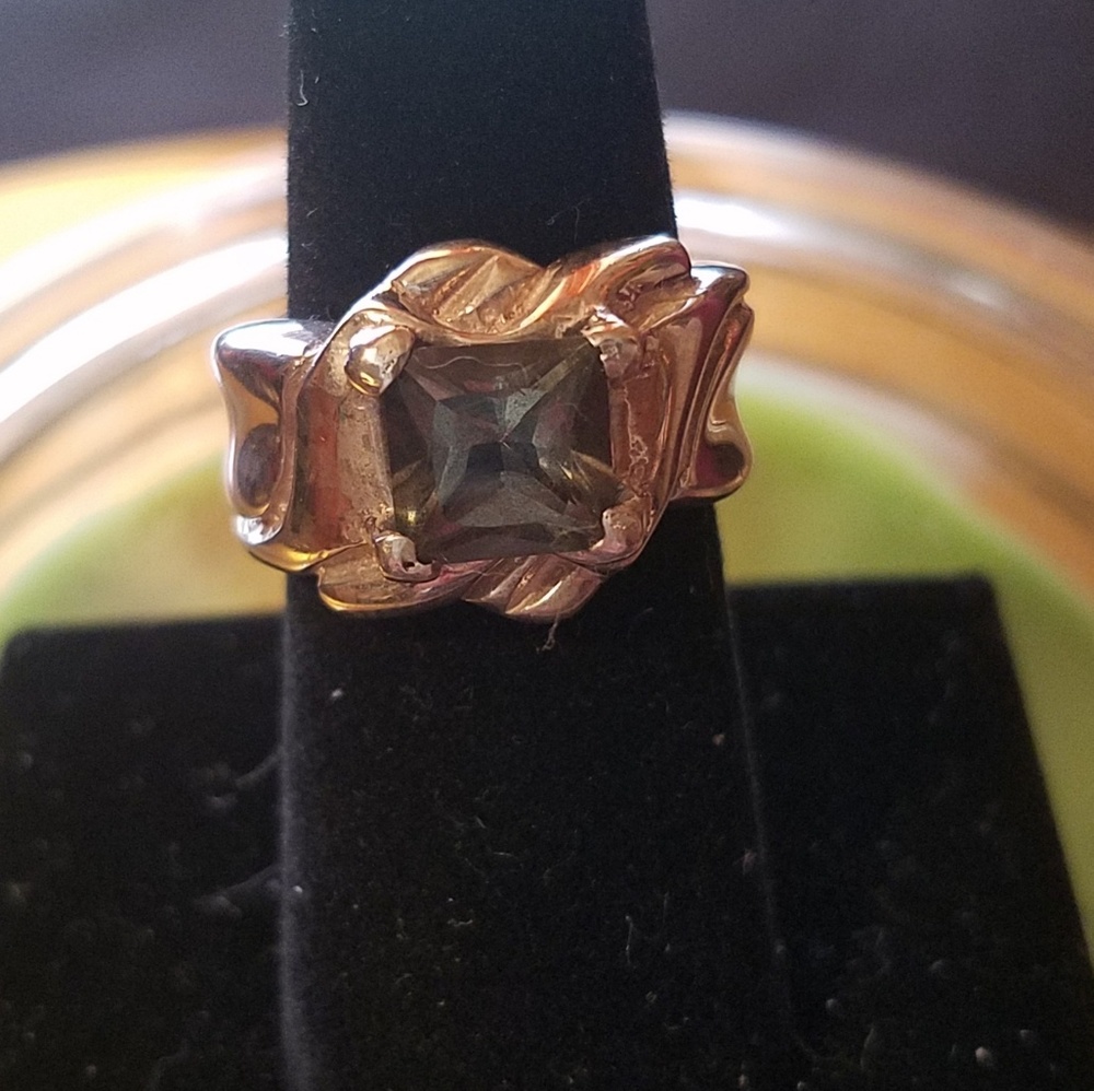 925 vintage ring /princess cut green termalin